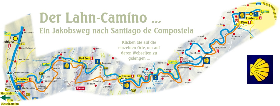 Verlaufstrecke des Lahn-Camino von Weilburg/Limburg nach Lahnstein Verlaufstrecke des Lahn-Camino von Weilburg/Limburg nach Lahnstein